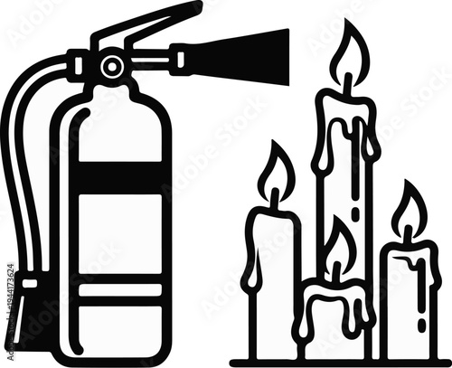 Fire extinguisher and burning candles icon
