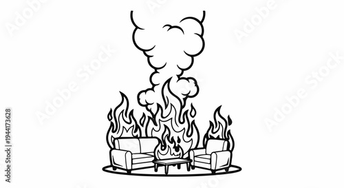 Two chairs and a sofa with a coffee table engulfed in flames