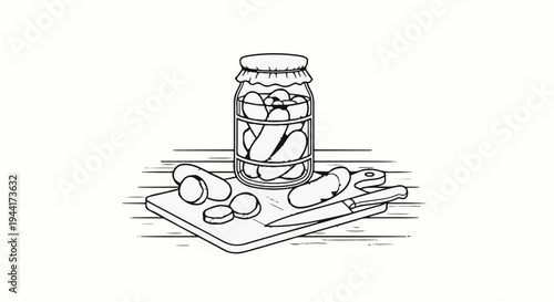 Pickles in jar with sliced cucumbers on cutting board next to knife