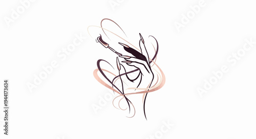 Elegant hand with long nails applying polish amidst swirling abstract lines