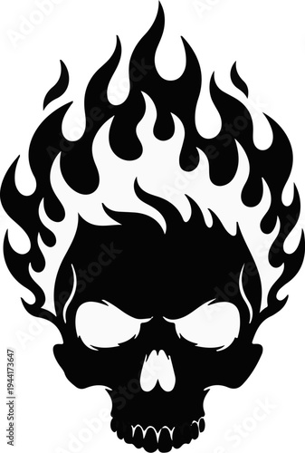 Flaming skull graphic with sharp teeth and fiery aura