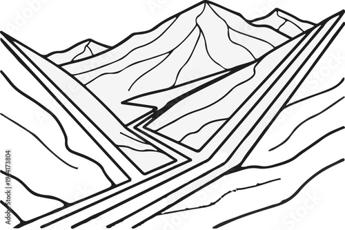 Stylized mountain range with winding river and roads
