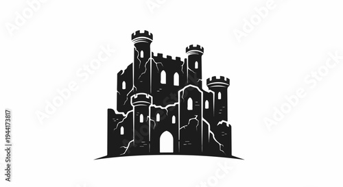 Stylized black silhouette of a crumbling ancient fortress with turrets