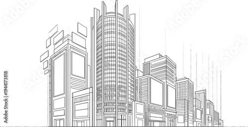 Visionary architectural sketch of a smart city commercial district featuring a central cylindrical glass tower and integrated digital data elements.