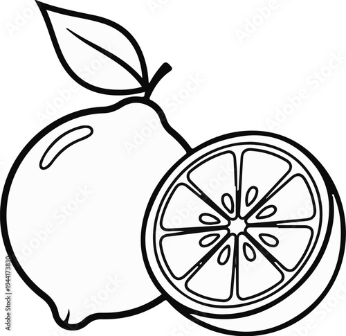 Black and white line art of a whole citrus fruit with a leaf and a sliced half