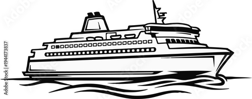 Stylized black and white line art of a multi-deck ferryboat sailing on stylized waves