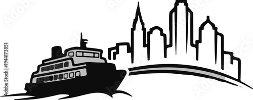A stylized graphic shows a ferry sailing past a city skyline
