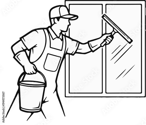 Person in cap and apron cleaning window with squeegee and bucket
