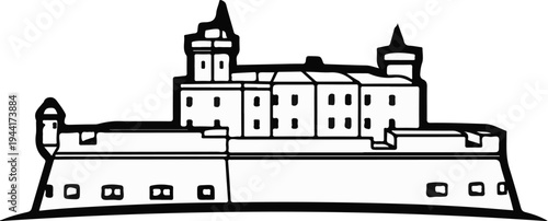Stylized, black and white drawing of a fortified building with multiple towers and windows
