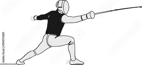 Fencer in protective gear in a lunging stance with sword extended