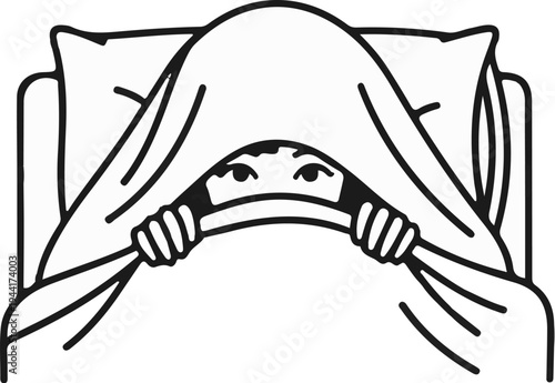Person hiding under blanket peeking out with eyes and hands visible