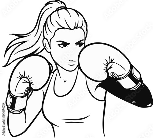 Dynamic black and white illustration of a female boxer in fighting stance