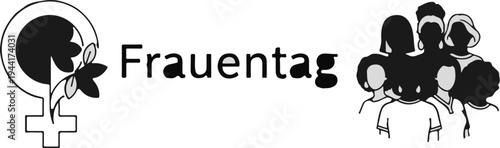 A stylized female symbol with leaves, text and diverse women silhouettes