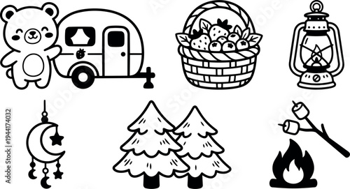 Cute smiling teddy bear holding camper trailer with picnic basket campfire lantern and pine trees camping icons set