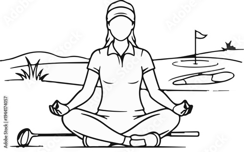 Golfer meditating in lotus position on a golf course