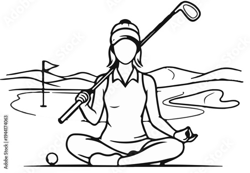 Woman in yoga pose on golf course with club and ball