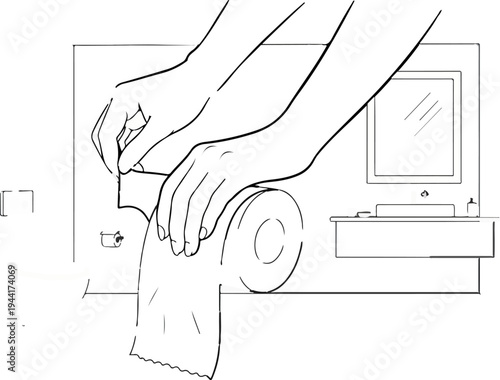 Hands replacing a toilet paper roll in a bathroom with a mirror and sink