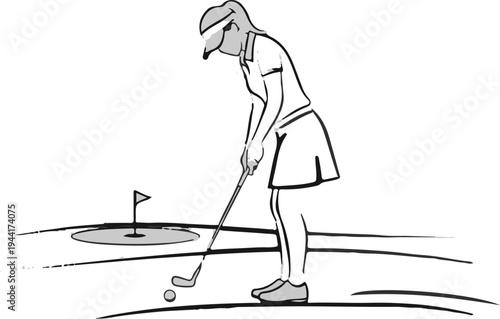 Golfer swings club on green near hole, preparing to putt