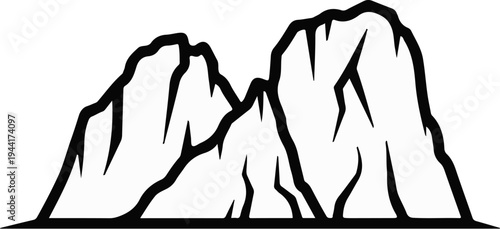 A simplified black and white graphic of three prominent mountain peaks