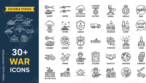 War and military defense line icon set featuring tanks soldiers missiles medals strategy conflict and army combat equipment.