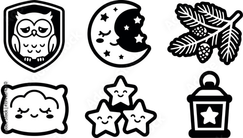 Cute black and white kawaii style vector icons of owl in shield moon with stars pine branch pillow with face smiling stars and lantern with star