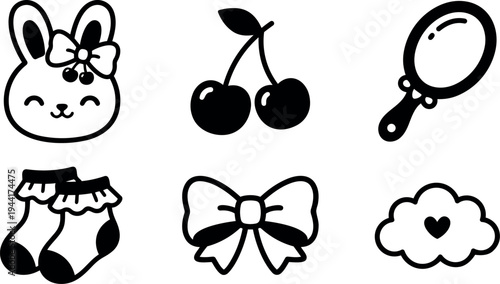 Cute kawaii bunny head with bow cherries small mirror socks bow cloud silhouette collection line art icons