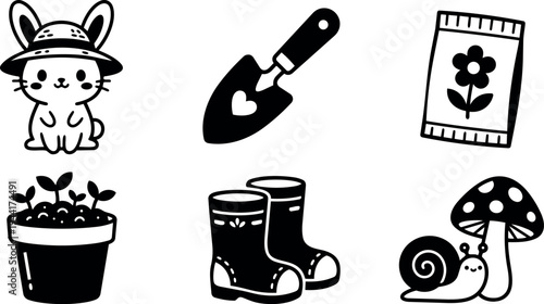 Cute vector illustration of a bunny with hat garden trowel flower seed packet sprout pot rain boots snail and mushroom line art design