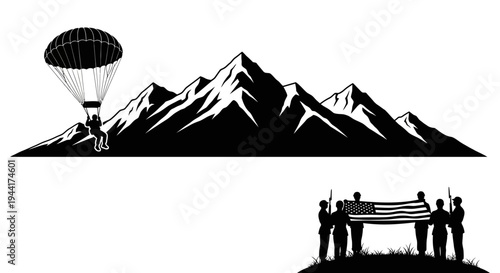 Parachutist Skydiver Over Mountains with Military Flag Bearers