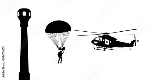 Paratrooper Descends Near Tower as Medical Helicopter Approaches