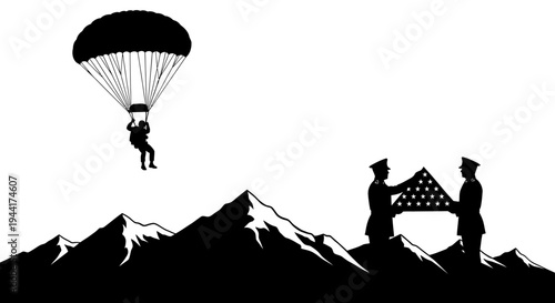 Paratrooper Descends Over Mountains as Soldiers Fold American Flag