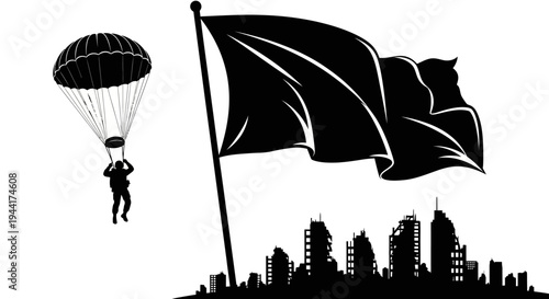 Paratrooper Descends Over Cityscape with Black Flag