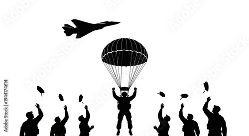 Paratrooper Jumps From Plane While Soldiers Cheer Below, Silhouette