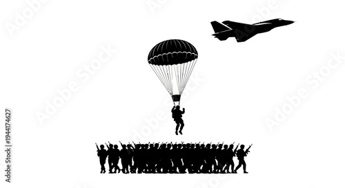 Paratrooper Jumps From Plane Above Soldiers, Military Airborne Operation