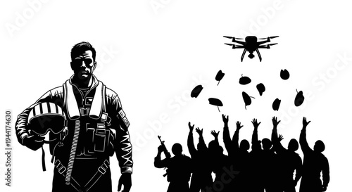 Pilot and Drone Delivering Supplies to Soldiers