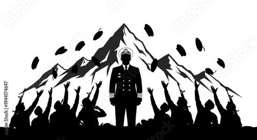 Pilot Celebrated by Crowd Below Mountain Peak, Symbolizing Achievement and Leadership