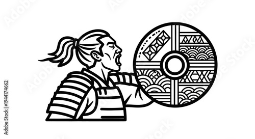 Samurai Warrior Shouting with Shield, Traditional Japanese Art Style