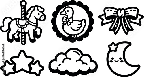 Black line art carousel horse duck with bow decorative bow stars cloud and smiling crescent moon icons set
