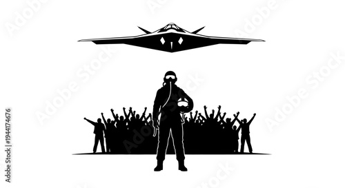 Pilot Standing Before Crowd with Stealth Jet Flying Overhead