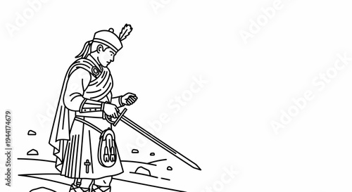 Scottish Highlander Warrior in Kilt and Sporran with Sword, Traditional Attire, Historical Costume