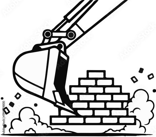 Excavator arm scoops up bricks from a crumbling wall