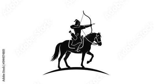 Silhouette of a Mongolian Archer on Horseback Drawing a Bow