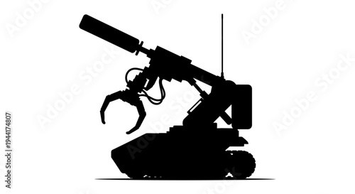 Silhouette of a robotic arm with claw on tracked base, industrial automation concept