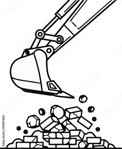 Excavator bucket dropping rubble and debris onto a pile of broken bricks