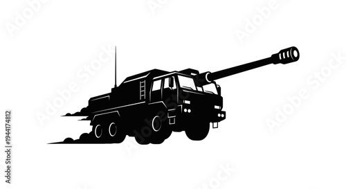 Silhouette of a self-propelled artillery gun firing, dynamic movement