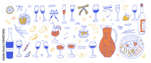 Wine and cheese mediterranean party hand drawn. Spanish, italian fruit cocktail tasting event. Sangria, limoncello glass, charcuterie doodle sketch illustration set isolated on transparent background.