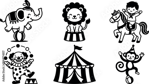 Black and white vector art of circus animals and performers with elephant on ball lion on platform boy riding horse clown juggling circus tent monkey balancing ball