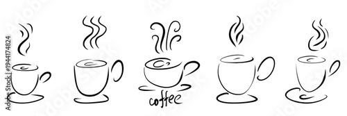 Coffee steam icon with flowing aroma lines. Hot beverage smell vector illustration for scribbles naive design. Simple line art depicting fragrance and heat rising from cup. Vector scribbles set.