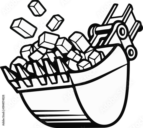 Excavator bucket filled with rough rocks and some falling