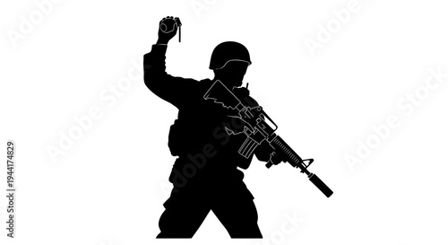 Silhouette of a Soldier Holding a Grenade and Rifle, Ready for Action