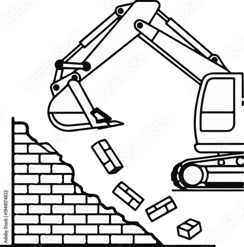 Excavator demolishes a brick wall, sending debris falling down